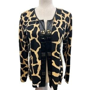 Berek Women's Medium Black Tan Giraffe Print Satin Trim Cardigan Sweater Y2K